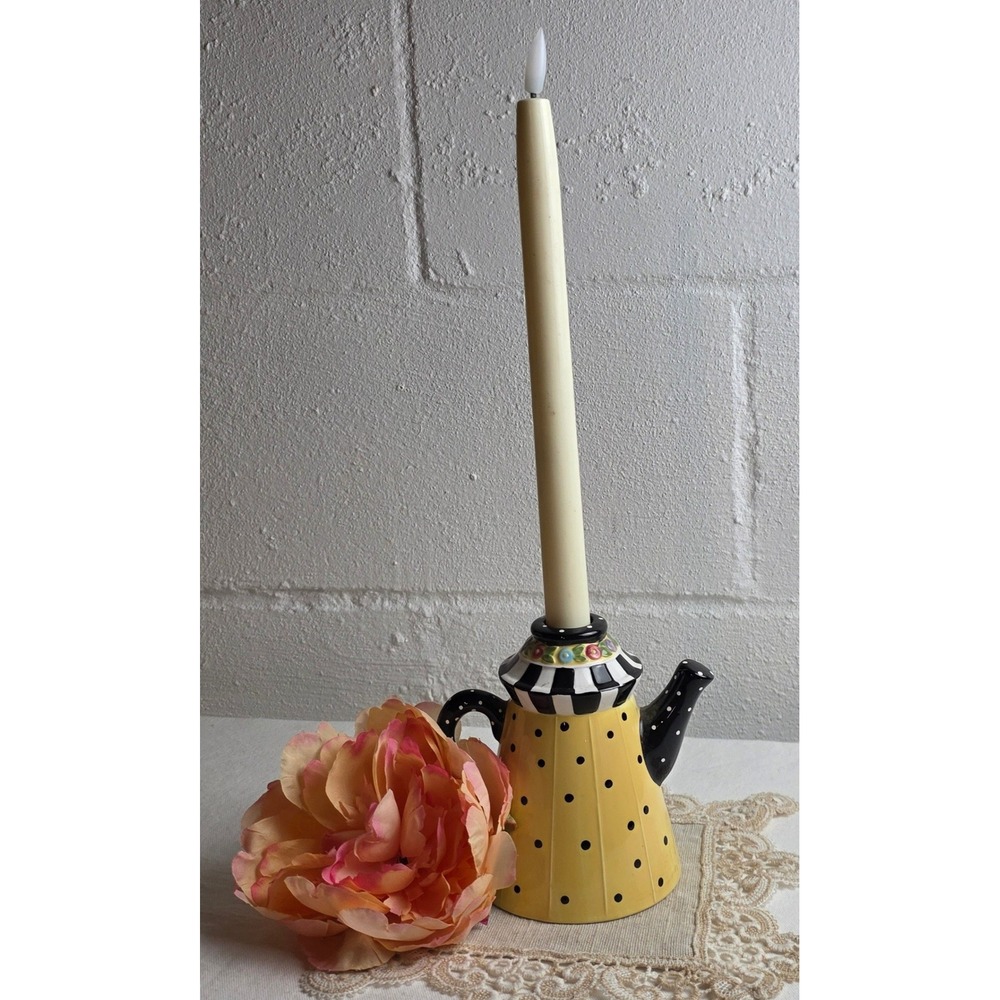 Vintage 1998 Mary Engelbreit Yellow Black Polka Dot Teapot Candleholder